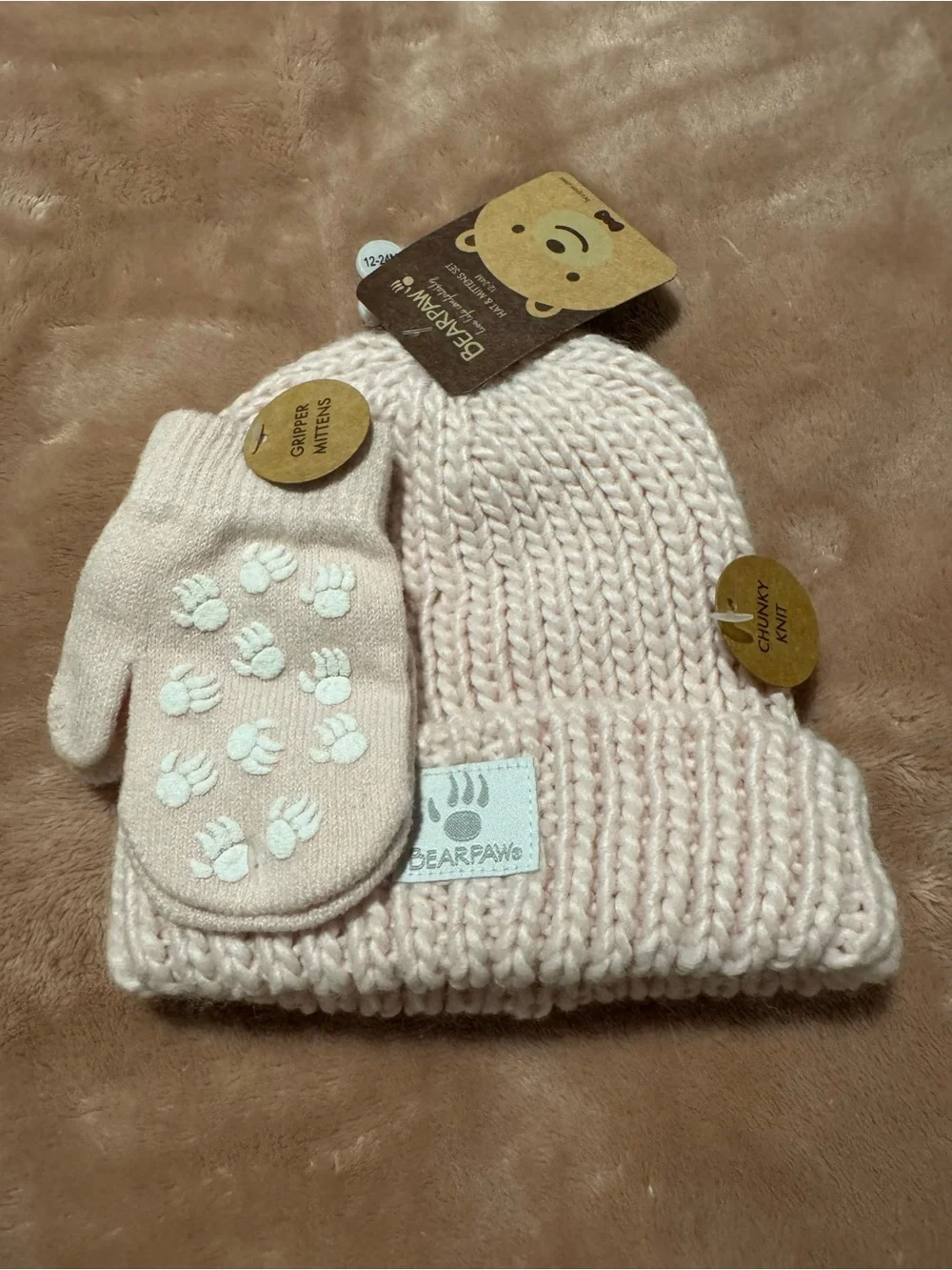 NWT Bearpaw Knit Hat and Mittens Set, Pink, Size 12-24 Months